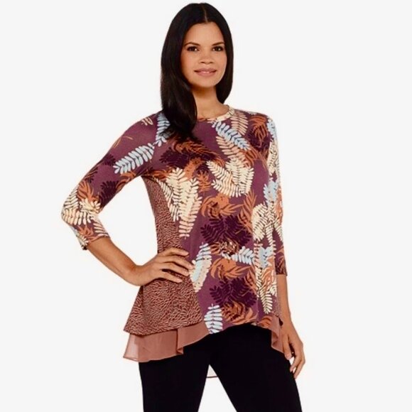 LOGO by Lori Goldstein Leaf Tunic Top Womens Large Fall Brown Mixed Print - Picture 1 of 9